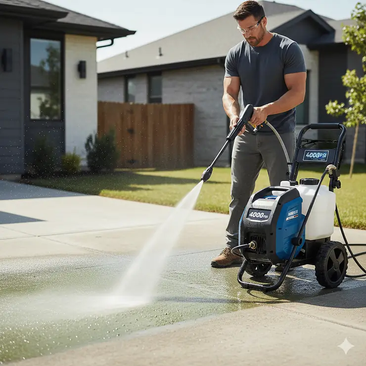 Powerful electric pressure washer 4000 psi in use, cleaning a concrete driveway effectively.