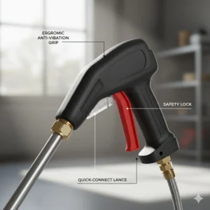 Close-up of the anti-vibration, ergonomic handle and trigger on the electric pressure washer.