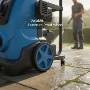 Durable, puncture-proof wheels for easy portability of the electric pressure washer 4000 psi.
