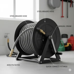 Heavy-duty steel braided hose and integrated reel for a professional 4000 psi electric pressure washer.