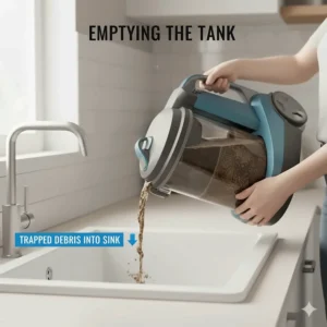 Close-up shot of a hand safely pouring the dirty water from the water filtration vacuum cleaner tank into a sink, showing trapped debris.