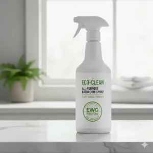 An EWG Verified or Safer Choice label on a bottle of best non toxic bathroom cleaner indicating safety and environmental standards.