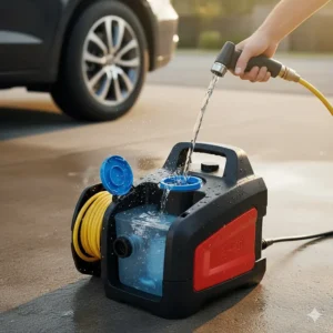 Hand filling the integrated water tank of a small, compact pressure washer before starting a vehicle wash.