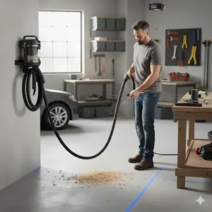 A photo or drawing of the wall mount vacuum being used to clean sawdust and debris in a typical garage workshop setting.