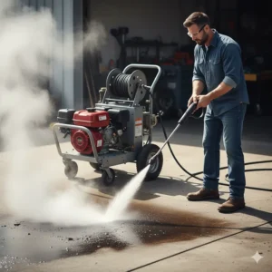 Gas-powered hot water pressure washer being used outdoors for removing stubborn oil stains.