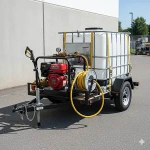 Heavy-duty gas pressure washer and water tank mounted securely on a trailer for commercial cleaning jobs.