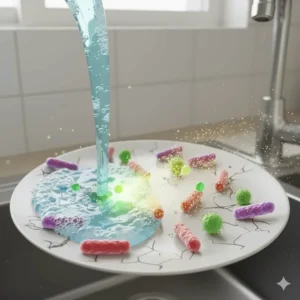 Schematic showing bacteria and germs on a dish being eliminated by the active ingredients in the antibacterial dishwashing detergent.