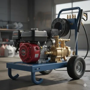 The heavy-duty steel frame and large pneumatic tires of a portable 4000 PSI commercial pressure washer, demonstrating superior job site mobility.