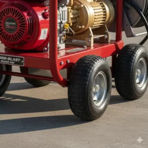 The heavy-duty roll cage frame and pneumatic wheels for easy transport of the commercial 5000 psi pressure cleaner.