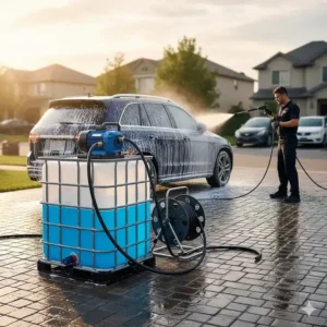 Overview of a high-capacity water tank specifically built to support a heavy-duty car washer for multiple vehicles