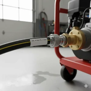 A durable, reinforced high-pressure hose connected to the unit, essential for safe operation of a 6000 psi pressure washer.