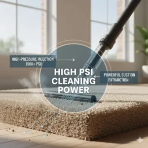 Diagram demonstrating the high PSI (pounds per square inch) power used by a professional-grade steam cleaner to inject and extract water.