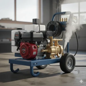 Illustration of a hot water commercial pressure washer 4000 PSI system, showing its diesel burner for faster removal of grease and oil in industrial settings.