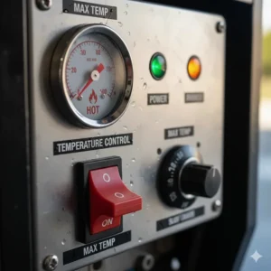 Close-up of the temperature control panel on a hot water pressure washer, showing maximum heat.