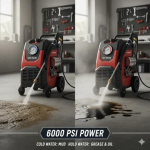 Comparison of cold water and hot water models, emphasizing a 6000 psi pressure washer is highly effective for cleaning tough grease and oil.