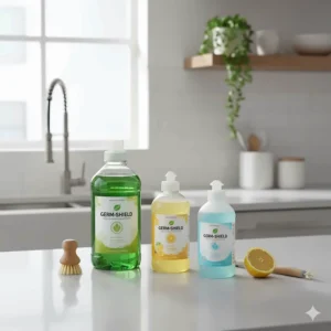 Attractive product placement of several different bottles of dishwashing detergent antibacterial varieties on a sleek kitchen countertop.