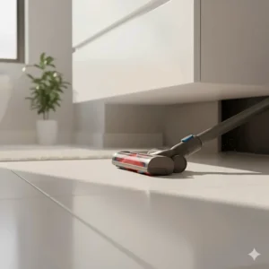 Side view of a low-profile vacuum cleaner head easily sliding under cabinets and furniture on a bathroom's tiled floor.