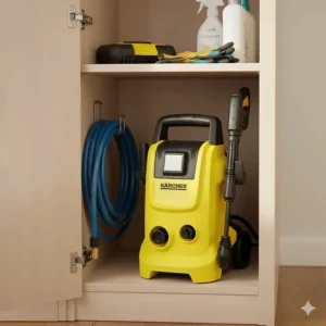 Small electric miniature power washer neatly stored on a shelf or in a cabinet, emphasizing its compact, space-saving design for city or apartment living.