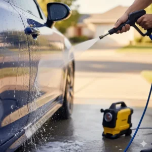Closeup of a mini power washer spray gun rinsing soap from a car, highlighting the gentle yet effective stream for vehicle detailing.