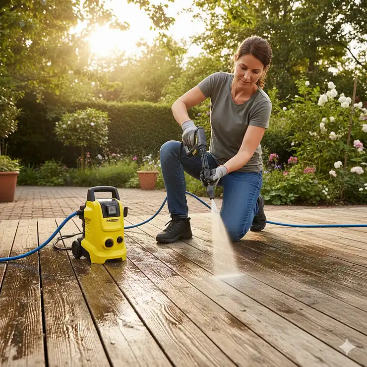 A person using a compact, electric miniature power washer to deep clean wooden deck boards, demonstrating the machine's small size and strong cleaning capability.