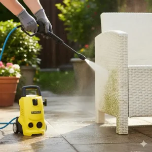Using a small miniature power washer to clean dirt and mildew from plastic or wicker outdoor garden furniture.