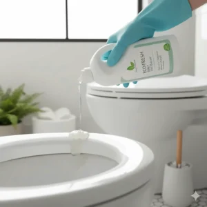 The best non toxic toilet bowl cleaner being applied to sanitize and deep clean the inside of a toilet.