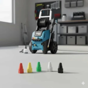 Close-up of the essential quick-connect nozzle tips (0°, 15°, 25°, 40°, and soap) included with the 2500 PSI power washer.