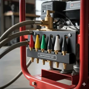 Color-coded spray nozzle tips (0°, 15°, 25°, 40°, soap) used to adjust the pressure and spray pattern of a 6000 psi pressure washer.