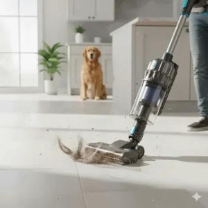 A specialized vacuum cleaner effectively picking up pet hair and dander from a mudroom's durable porcelain tile floor.