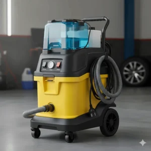 A full view of the portable automotive steam vacuum cleaner unit with its wheels and handle, ready for use.
