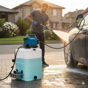Man using a portable car washer with its own water tank to clean an an SUV in his driveway.