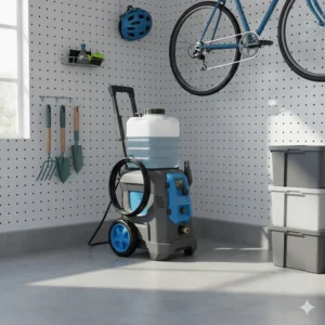 The portable pressure washer with water tank neatly stored in a garage, emphasizing its small footprint.