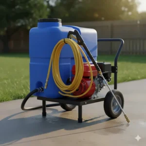 Close-up of a large, portable water tank attached to the pressure washer unit for remote use.
