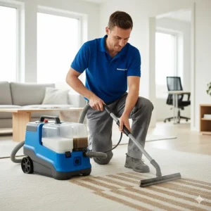 Image of a compact, portable steam carpet extractor being used by a technician for residential and commercial spot cleaning tasks.
