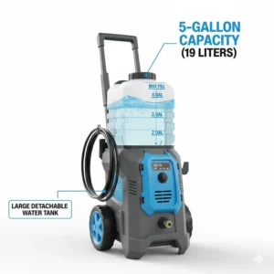 Diagram illustrating the 5-gallon water tank capacity of the mobile pressure washer unit.