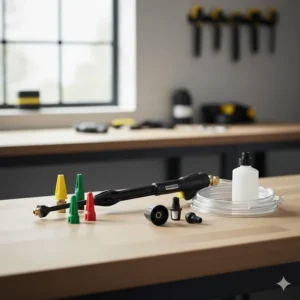 Selection of miniature power washer interchangeable nozzles and attachments, including a rotary jet and a detergent tank, for versatile cleaning tasks.