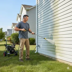 An illustration of a pressure washer operator cleaning vinyl house siding, highlighting the ideal medium power washer PSI for removing mold and grime without causing damage.