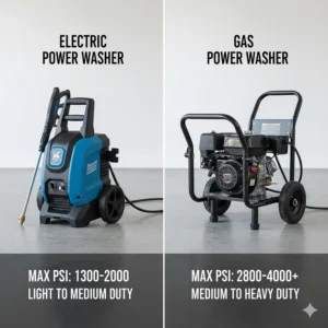 A split image showing the difference between a typical electric and gas power washer, detailing their common maximum PSI ranges for comparison.