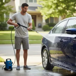 A power washer set to a low PSI is being used to safely wash a car, demonstrating the gentle pressure needed to avoid damaging vehicle paint.