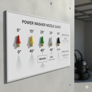 Diagram comparing different power washer spray nozzles (0, 15, 25, 40-degree) and their corresponding effect on water pressure and effective PSI for various cleaning jobs.