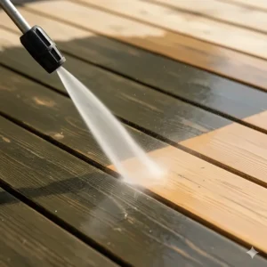 Close-up of a pressure washer wand removing algae and old stain from a wooden deck, focusing on the moderate PSI required for different types of wood surfaces.