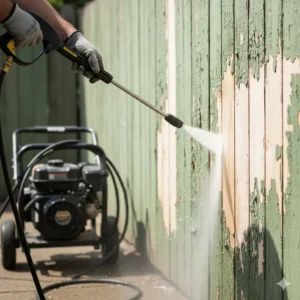 A visual showing high-pressure water from a power washer stripping old, peeling paint off a surface, an application that demands a high range of PSI.