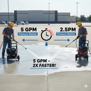 Infographic comparing the cleaning speed and efficiency of a 5 GPM pressure washer versus lower GPM models on a large surface area.