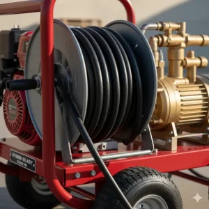 Integrated hose reel for neat and convenient storage of the high-pressure hose on the 5000 psi pressure cleaner unit.