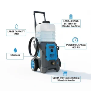 Infographic highlighting the key features of the portable pressure washer, including battery life and psi.