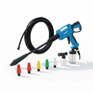 Various nozzle attachments and the coiled high-pressure hose for the portable pressure washer.
