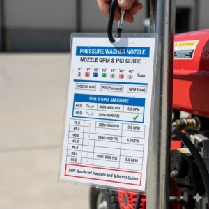 Chart showing the relationship between nozzle size, PSI, and achieving the maximum 5 gallons per minute (GPM) flow rate for optimal cleaning.