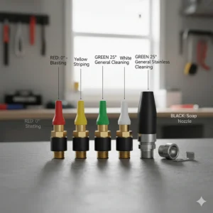 Full set of quick-connect nozzle tips for varied tasks with the electric pressure washer 4000 psi.