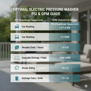 Chart showing optimal PSI and GPM ratings for an electric pressure washer for various home cleaning tasks.