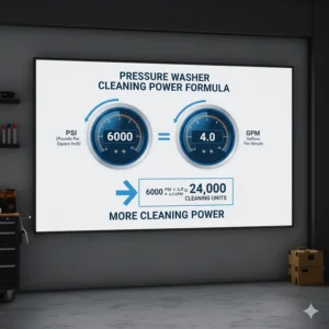 Technical illustration explaining the relationship between PSI (pounds per square inch) and GPM (gallons per minute) for a 6000 psi pressure washer.